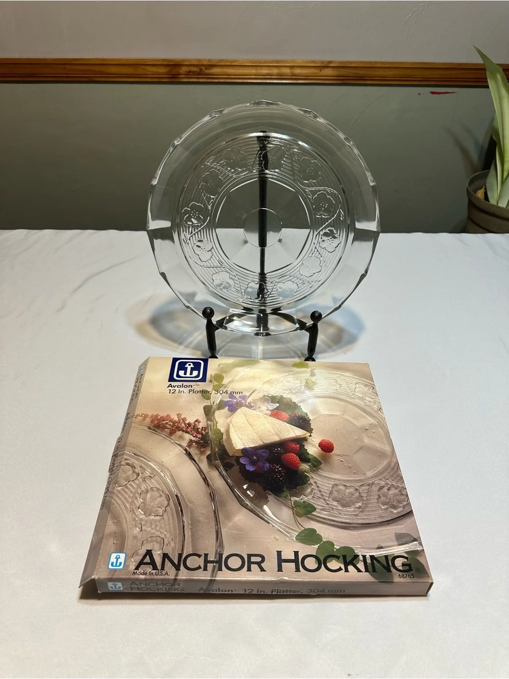 Vintage Anchor Hocking Clear Glass Decorative Platter with Floral Relief